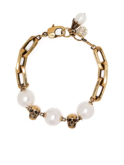 Alexander Mcqueen Pearl-embellished Skull Bracelet In Gold