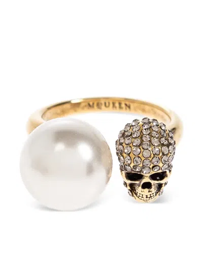Alexander Mcqueen Pearl-embellished Skull Ring In Gold