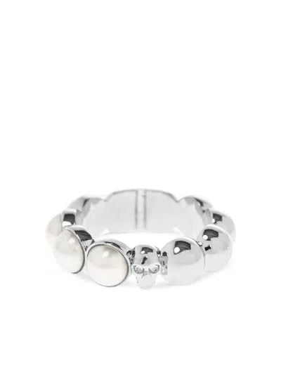 Alexander Mcqueen Pearl Embellishment Skull Beaded Ring In Metallic