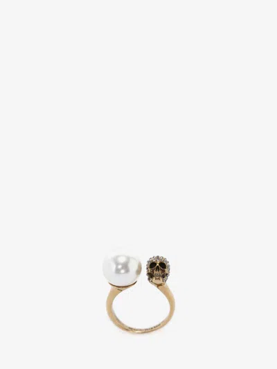 Alexander Mcqueen Pearl-like Skull Ring In Antique Gold