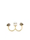 Alexander Mcqueen Gold-tone Double Ring With Crystal Embellished Skulls And Pearl In Brass
