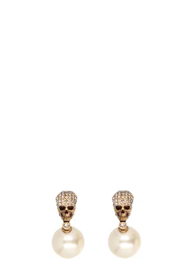 Alexander Mcqueen Faux Pearl And Skull Earrings In Gold