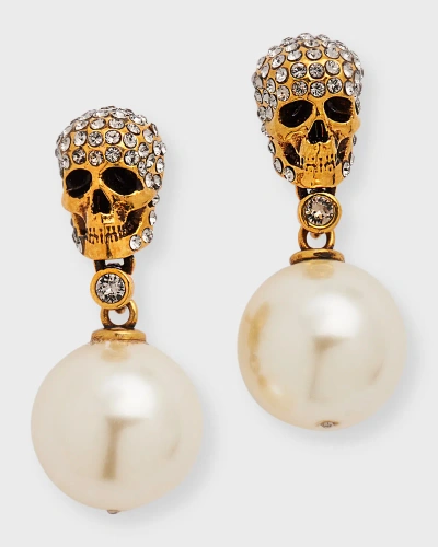 Alexander Mcqueen Pearl 'n Skull Earrings With Swarovski Crystals In Caramel