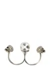 Alexander Mcqueen Maxi Beaded Double Ring With Skull Embellished Rhinestones In Silver