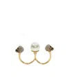 Alexander Mcqueen Gold-tone Double Ring With Crystal Embellished Skulls And Pearl In Brass In Yellow