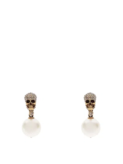 Alexander Mcqueen Pearl Skull Earrings In Metallic