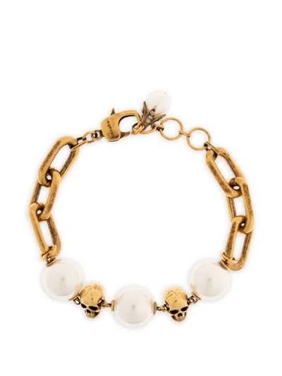 Alexander Mcqueen Pearl-like Skull Chain Bracelet In Gold