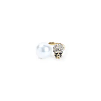 Alexander Mcqueen Pearly Skull Ring Brass And Crystals In Gold