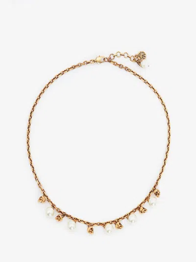 Alexander Mcqueen Pearly Skull Necklace In Gold