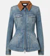 Alexander Mcqueen Peplum Corduroy-trimmed Denim Jacket In Blue