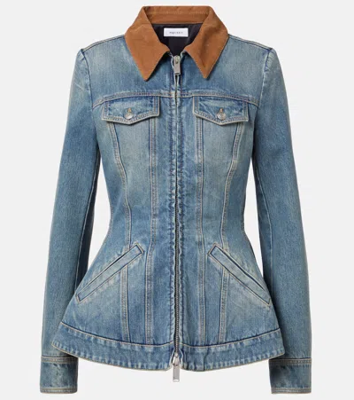 Alexander Mcqueen Peplum Corduroy-trimmed Denim Jacket In Blue