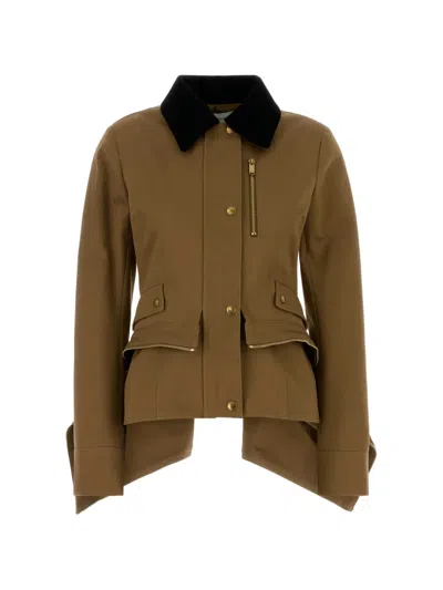 Alexander Mcqueen Cotton Jacket Asymmetrical Hem Contrast Collar In Brown