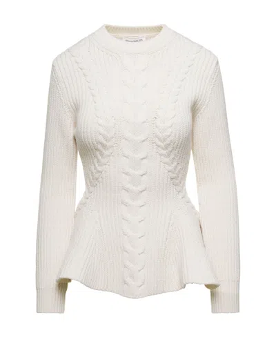 Alexander Mcqueen Peplum-hem Cable-knit Jumper In White