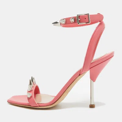 Pre-owned Alexander Mcqueen Pink Leather Spike Ankle Strap Sandals Size 36.5