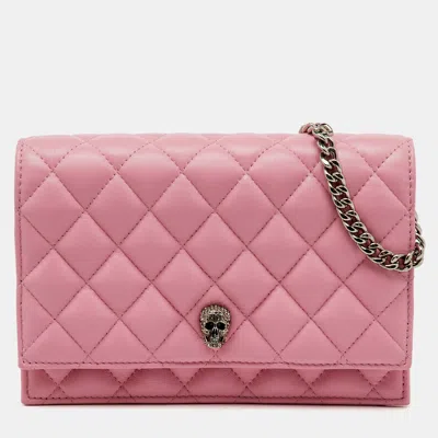 Pre-owned Alexander Mcqueen Pink Quilted Leather Skull Flap Chain Clutch