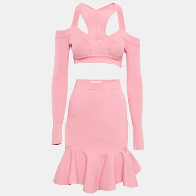 Pre-owned Alexander Mcqueen Pink Rib Knit Cut-out Top And Skirt Set Xxs