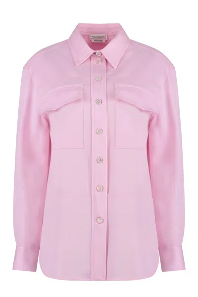 ALEXANDER MCQUEEN PINK WOOL OVERSHIRT WITH FLAP POCKETS AND ROUNDED HEM FOR WOMEN – SS24 COLLECTION
