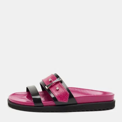 Pre-owned Alexander Mcqueen Pink/black Ostrich Leg And Leather Flat Slides Size 38
