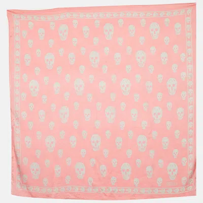 Pre-owned Alexander Mcqueen Pink/grey Skull Print Silk Scarf