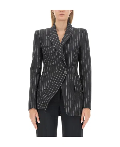 Alexander Mcqueen Pinstripe Asymmetrical Wool Blazer In Black