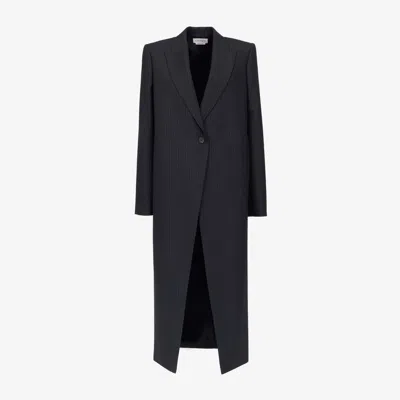 Alexander Mcqueen Pinstripe Cutaway Coat In Navy