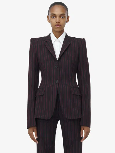 Alexander Mcqueen Pinstriped Wool Blazer In Black/bordeaux