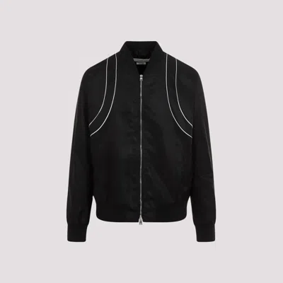 Alexander Mcqueen Solid Colour Nylon Bomber Jacket With Contrasting Details In Black