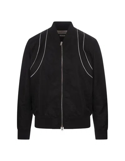 Alexander Mcqueen Solid Color Nylon Bomber Jacket With Contrasting Details In Black