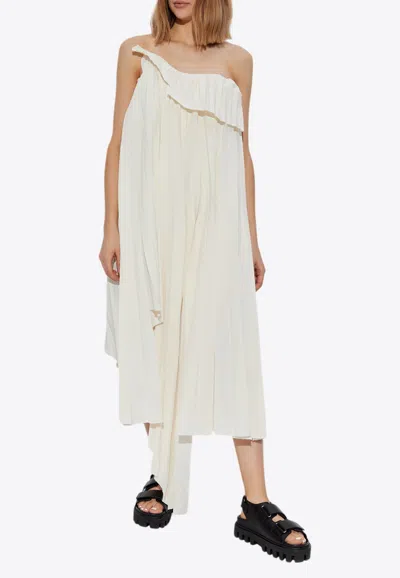 Alexander Mcqueen Pleated Asymmetric Midi Dress In Cream
