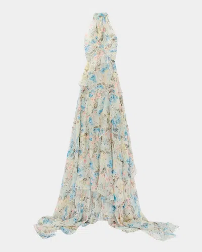 Alexander Mcqueen Pleated Floral Silk Georgette Halter Evening Dress In Multi
