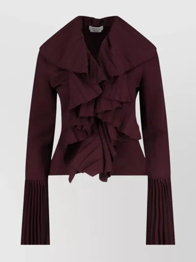 Alexander Mcqueen Pleated Long Sleeve Wide Collar Ruffled Top In Burgundy