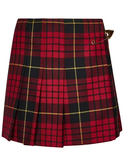 Alexander Mcqueen Pleated Mini Skirt In Tartan Wool With Metal Pin In Red