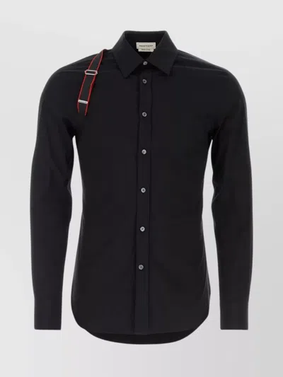 Alexander Mcqueen Poplin Shirt With Rounded Hemline And Short-pointed Collar In Black