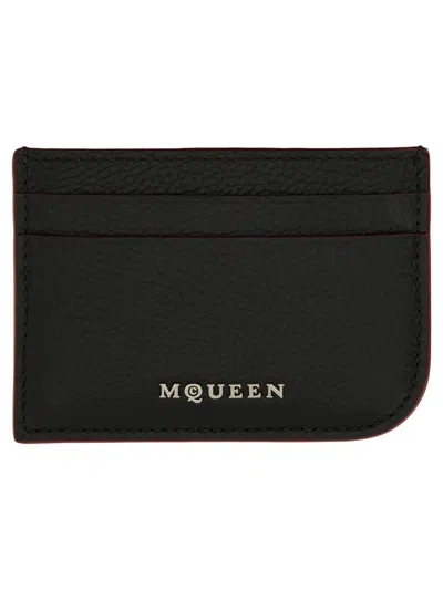 Alexander Mcqueen Sling Zip Crackled Leather Cardholder In Black
