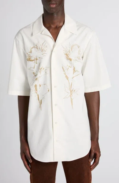 Alexander Mcqueen Men's Thistle-print Poplin Sport Shirt In Bone/antique Gold
