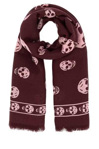 Alexander Mcqueen Printed Chiffon Foulard In Burgundypink