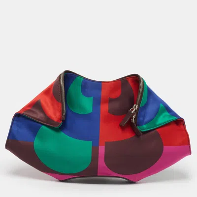 Pre-owned Alexander Mcqueen Printed De Manta Multicolor Satin And Leather Clutch