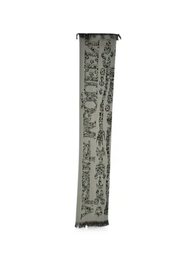 Pre-owned Alexander Mcqueen Printed Fringed Wool Scarf In Grey