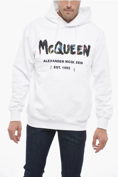 Alexander Mcqueen Printed Hoodie Sweatshirt With Kangaroo Pocket In White