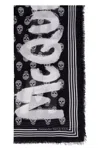 Alexander Mcqueen Shawl With Skull Pattern And Striped Border In Black