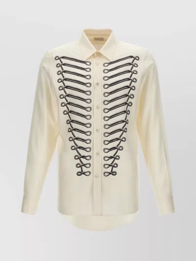 Alexander Mcqueen Printed Shirt With Embroidered Curved Hem In Neutral
