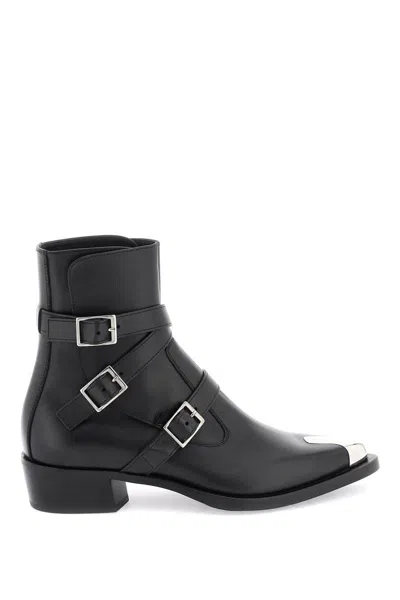 Alexander Mcqueen Black Leather Punk Boots With Three Buckles For Men In Nero