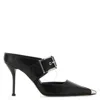Alexander Mcqueen Punk Buckle Leather Mule In Silver Tone/black