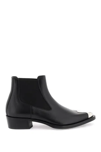 Alexander Mcqueen Black Leather Punk Chelsea Ankle Boots For Men With Silver Metal Detail On Toe In Nero