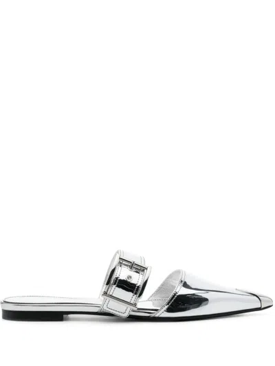 Alexander Mcqueen Punk Flat Leather Mules In Silver