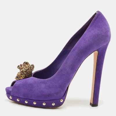 Pre-owned Alexander Mcqueen Purple Suede Skull Peep Toe Pumps Size 40