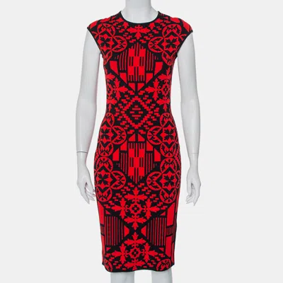 Pre-owned Alexander Mcqueen Red & Black Jacquard Knit Sheath Dress M
