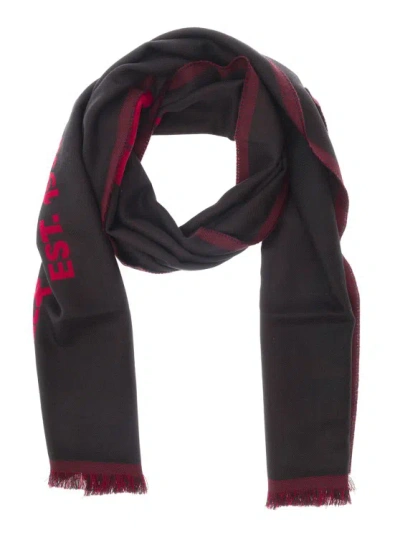 Alexander Mcqueen Red And Black Scarf With Jacquard Logo In Wool In Multicolor
