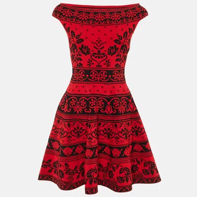 Pre-owned Alexander Mcqueen Red Floral Jacquard Knit Mini Dress S