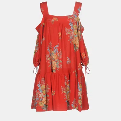 Pre-owned Alexander Mcqueen Red Floral Print Silk Mini Dress S (it 40)